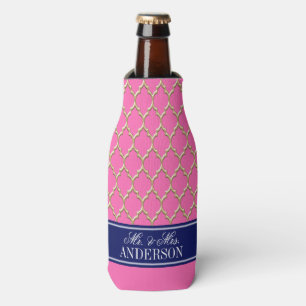 Hot Pink Gold Moroccan #4 CB Navy Name Wedding Bottle Cooler