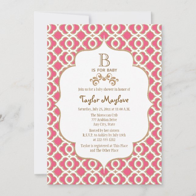 Hot Pink Gold Moroccan Baby Girl Baby Shower Invitation (Front)