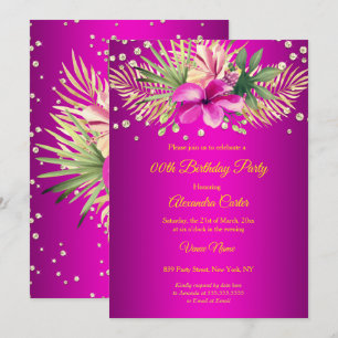 Hot pink gold palms floral Birthday Party Invitation