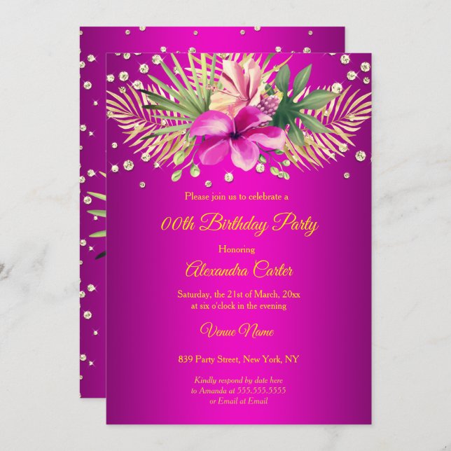 Hot pink gold palms floral Birthday Party Invitation (Front/Back)
