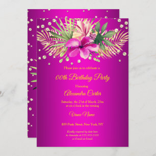 Hot pink gold palms floral Birthday Party Invitation