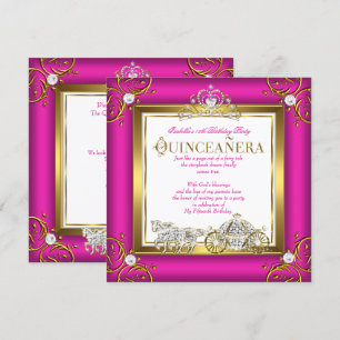 Hot Pink Gold Princess Quinceanera 15th Birthday Invitation