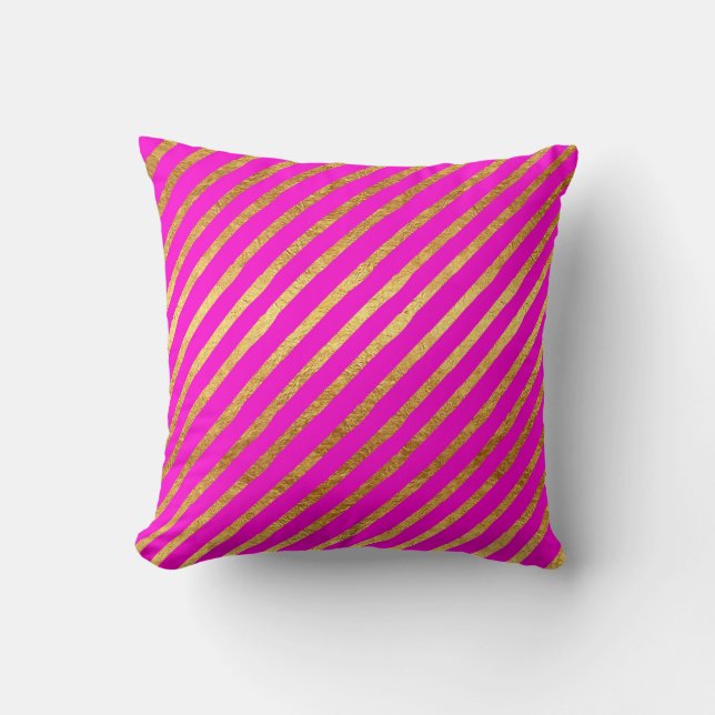 Hot Pink Gold Stripe Faux Foil Metallic Stripes Cushion (Front)