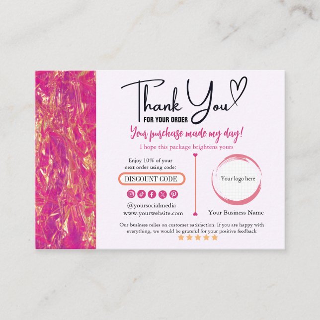 Hot Pink Gold Thank You Business Card (Front)