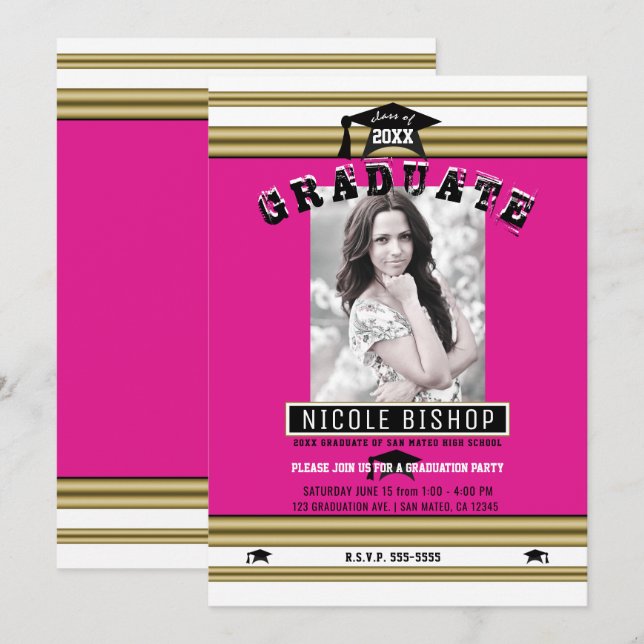 Hot Pink Gold White Elegant Photo Graduation Party Invitation (Front/Back)