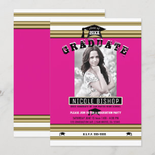 Hot Pink Gold White Elegant Photo Graduation Party Invitation