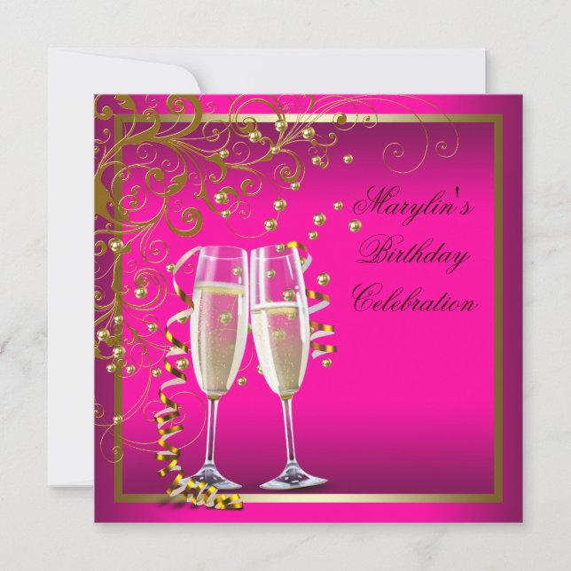 Hot Pink Gold Womans Hot Pink Birthday Party Invitation (Front)