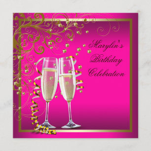 Hot Pink Gold Womans Hot Pink Birthday Party Invitation