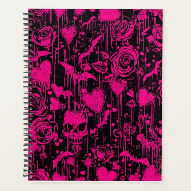 Hot Pink Gothic Roses & Skulls Pattern Planner (Front)