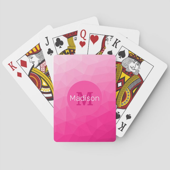 Hot pink Gradient Geometric Mesh Pattern Monogram Playing Cards (Back)