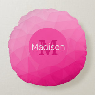 Hot pink Gradient Geometric Mesh Pattern Monogram Round Cushion