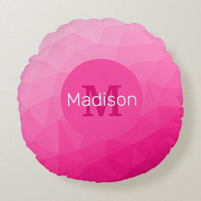Hot pink Gradient Geometric Mesh Pattern Monogram Round Cushion (Front)