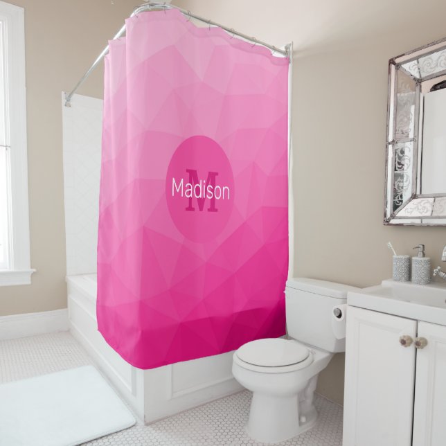 Hot pink Gradient Geometric Mesh Pattern Monogram Shower Curtain (In Situ)