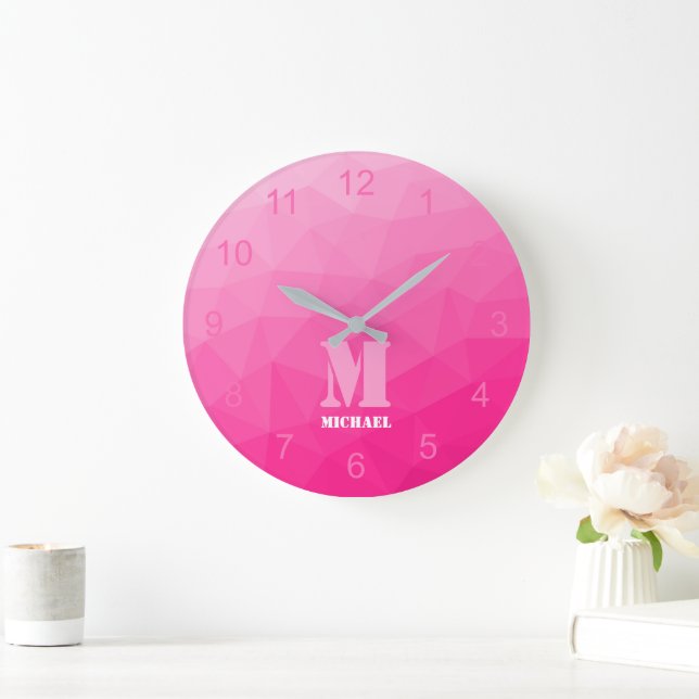 Hot pink Gradient geometry Mesh Pattern Monogram Large Clock (Home)