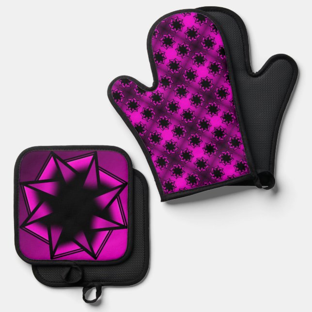 Hot Pink Gradient Star Bow Oven Mitt & Pot Holder Set (Front/Back)