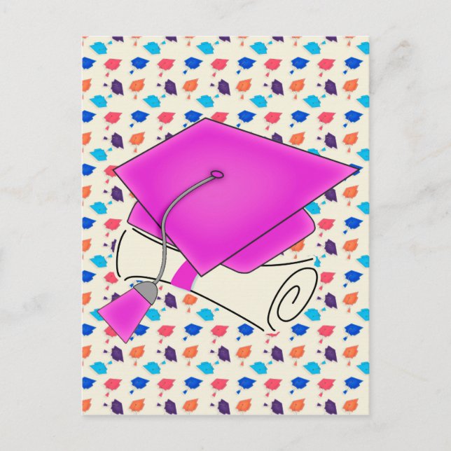 Hot Pink Graduation Cap and Diploma, Colourful Cap Announcement Postcard (Front)