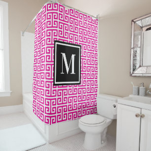 Hot Pink Greek Key Black White Monogram Shower Curtain