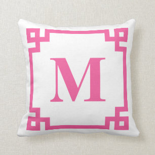 Hot Pink Greek Key Border Monogram Cushion