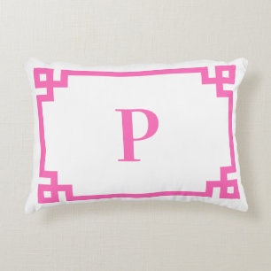 Hot Pink Greek Key Border Monogram  Decorative Cushion