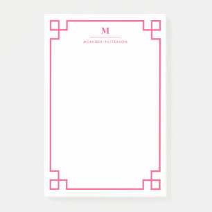 Hot Pink Greek Key Border Monogram Personalised Post-it Notes