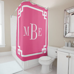 Hot Pink Greek Key Border Monogram Shower Curtain