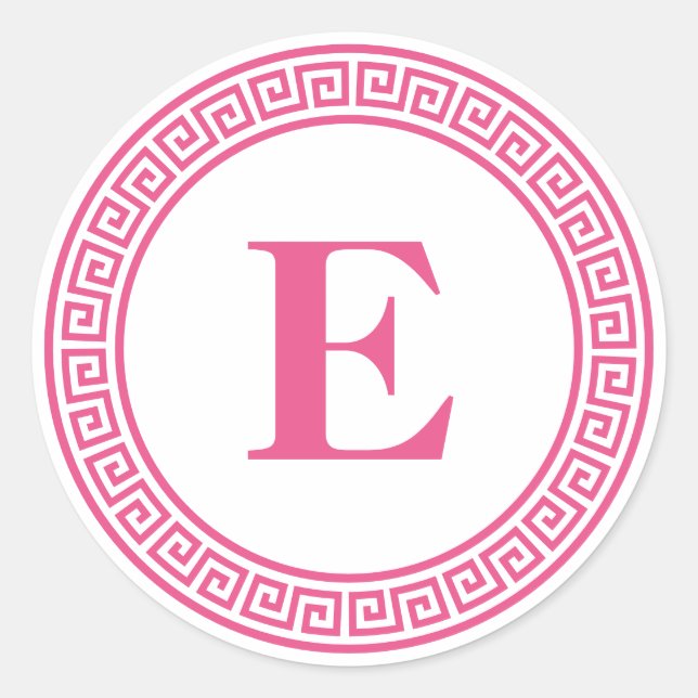Hot Pink Greek Key Border Monogram Stationery Classic Round Sticker (Front)