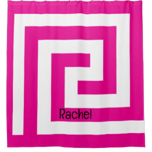 Hot Pink Greek Key Monogram Name Colorful Girly Shower Curtain