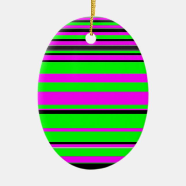 Hot Pink Green Black Colourful Stripe Pattern Ceramic Ornament (Front)