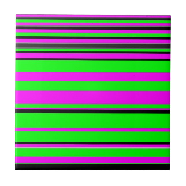 Hot Pink Green Black Colourful Stripe Pattern Ceramic Tile (Front)
