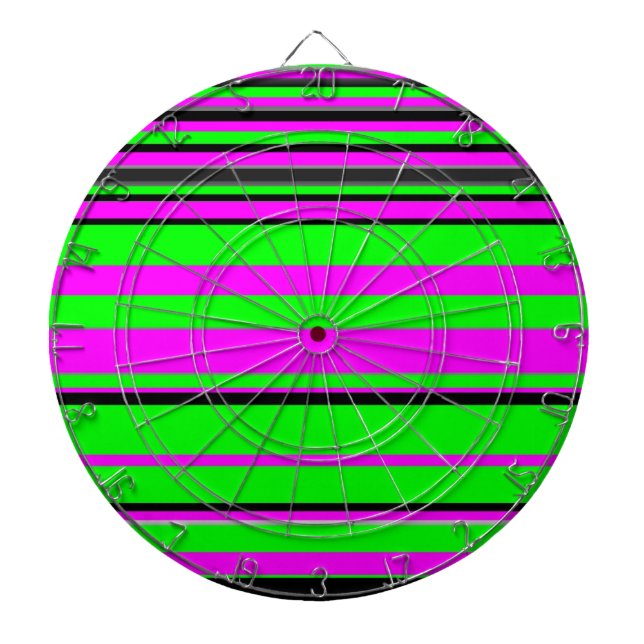 Hot Pink Green Black Colourful Stripe Pattern Dartboard (Front)