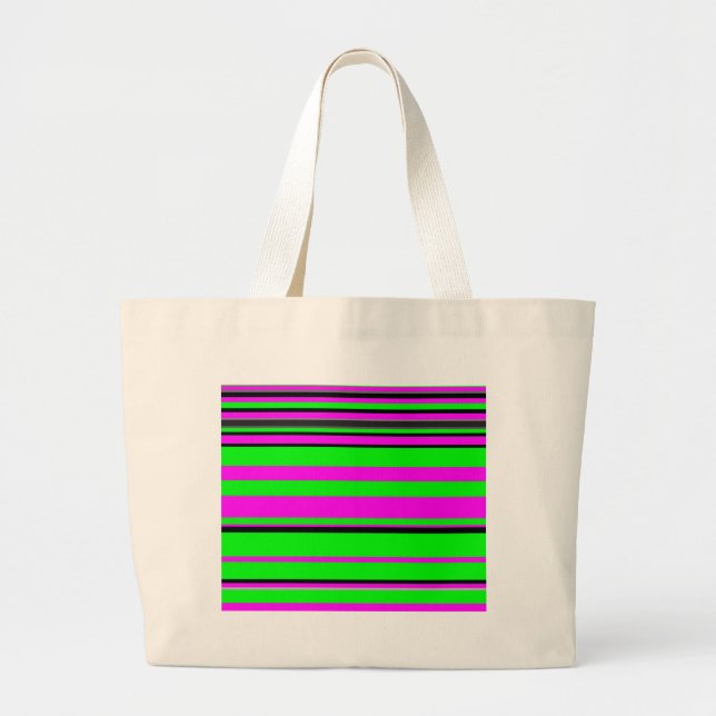 Hot Pink Green Black Colourful Stripe Pattern Large Tote Bag (Front)