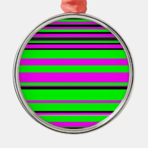 Hot Pink Green Black Colourful Stripe Pattern Metal Ornament