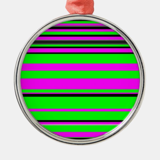 Hot Pink Green Black Colourful Stripe Pattern Metal Ornament (Front)