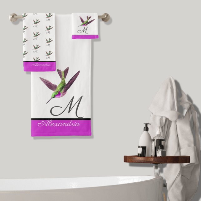 Hot Pink Green Hummingbird watercolor Bath Towel Set (Creator Uploaded)
