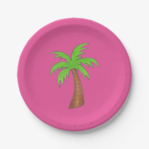 Hot Pink Green Tropical Island Beach Palm Tree Paper Plate