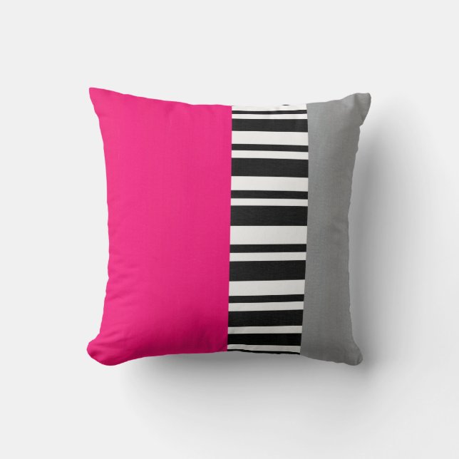 Hot Pink Grey Black and White Striped Block Cushion (Front)