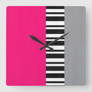 Hot Pink Grey Black and White Striped Block Square Wall Clock