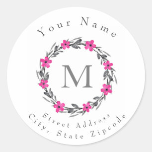 'Hot Pink Grey Black Floral Wreath' Labels