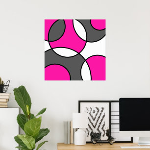 Hot Pink Grey Black White Abstract Circles  Poster