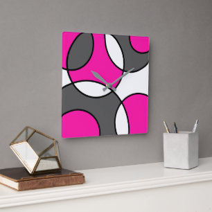 Hot Pink Grey Black White Abstract Circles   Square Wall Clock