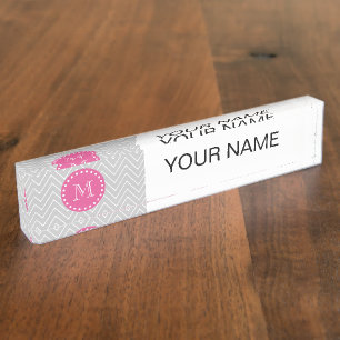 Hot Pink, Grey Chevron Your Monogram Nameplate