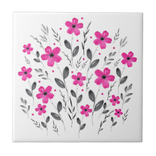 Hot Pink Grey Five Petal Watercolor Floral Motif Ceramic Tile