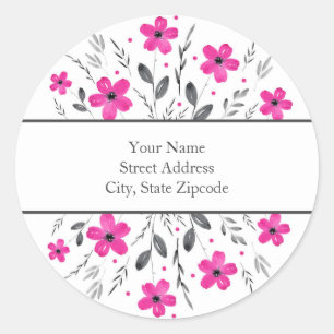 Hot Pink Grey Five Petal Watercolor Floral Motif Classic Round Sticker
