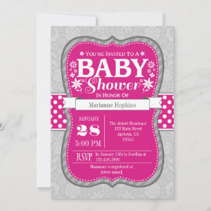 Hot Pink Grey Floral Flower Baby Shower Invitation