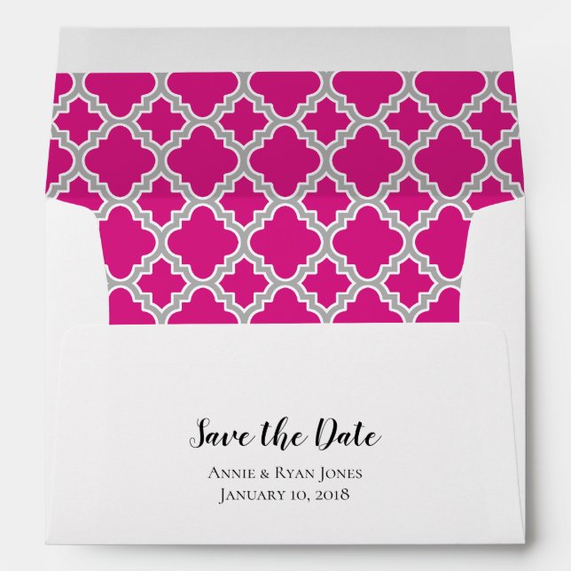 Hot Pink Grey Quatrefoil Save The Date Envelope (Back (Bottom))