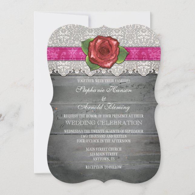 Hot Pink Grey Rustic Wood Rose Wedding Invite (Front)