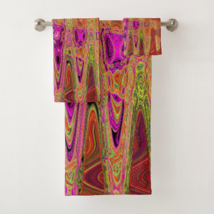 Hot Pink Groovy Abstract Retro Atomic Waves Bath Towel Set