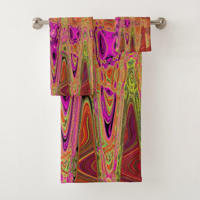 Hot Pink Groovy Abstract Retro Atomic Waves Bath Towel Set (Insitu)