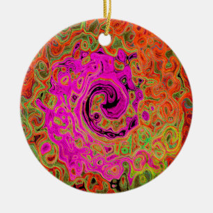 Hot Pink Groovy Abstract Retro Liquid Swirl Ceramic Ornament