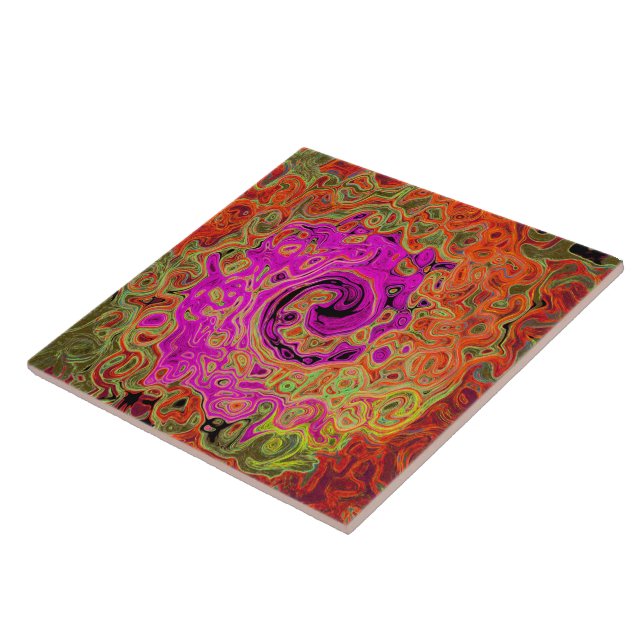 Hot Pink Groovy Abstract Retro Liquid Swirl Ceramic Tile (Side)